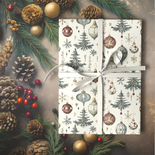 Vintage Christmas Ornaments on Cream Wrapping Paper