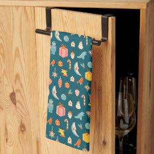 Vintage Christmas Ornaments Pattern Tea Towel