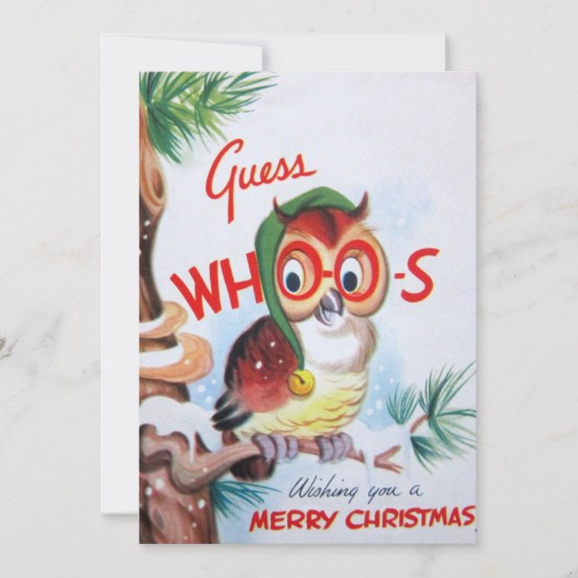 Vintage Christmas Owl Guess Whoo? Holiday Card (Front)