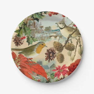 Vintage Christmas paper plates w/ birds and flower