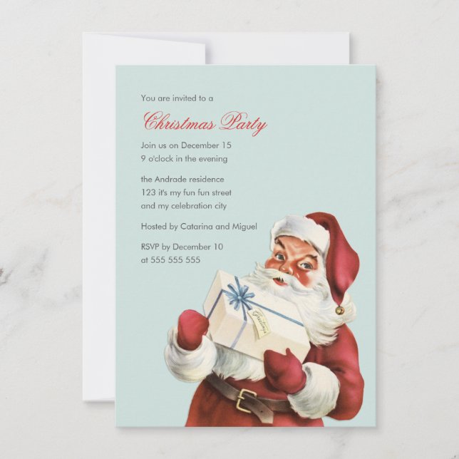 Vintage Christmas Party Jolly Santa Blue Holiday Invitation (Front)