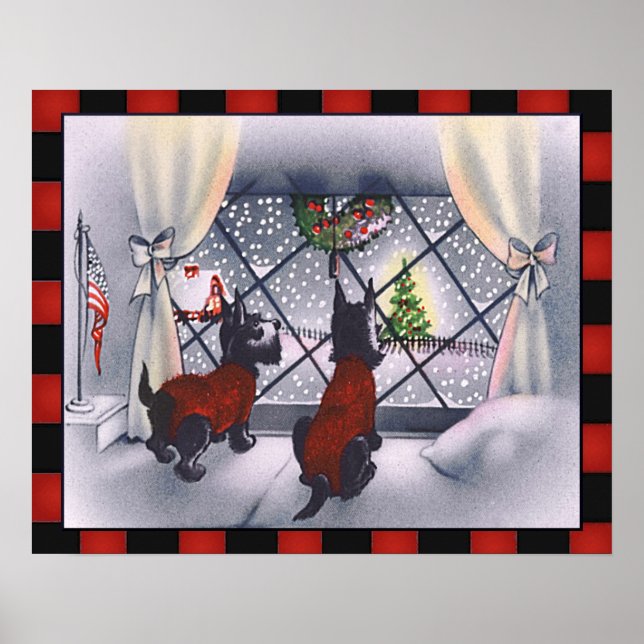 Vintage Christmas Patriotic Scottie Dogs on Checks Poster (Front)