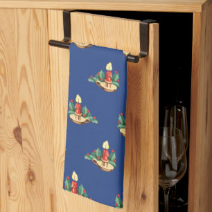Vintage Christmas Pattern, Candles and Holly Tea Towel