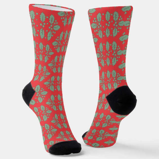 Vintage Christmas Pattern, Green Red Holly Berries Socks (Angled)