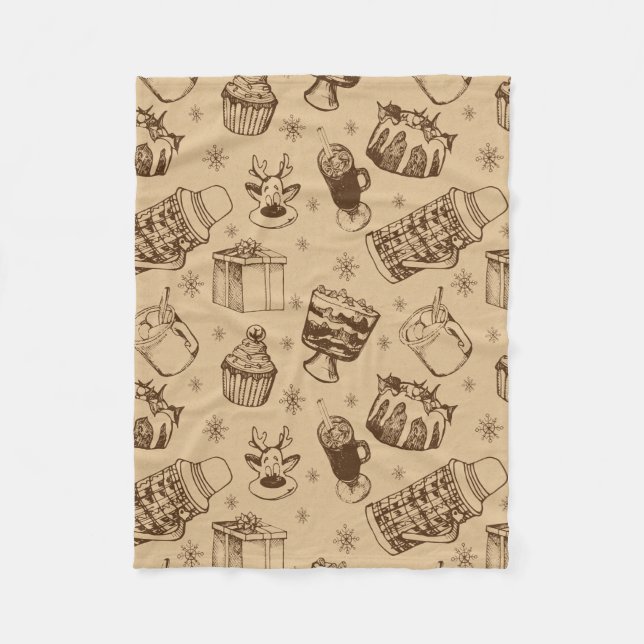 vintage christmas pattern hand drawn fleece blanket (Front)