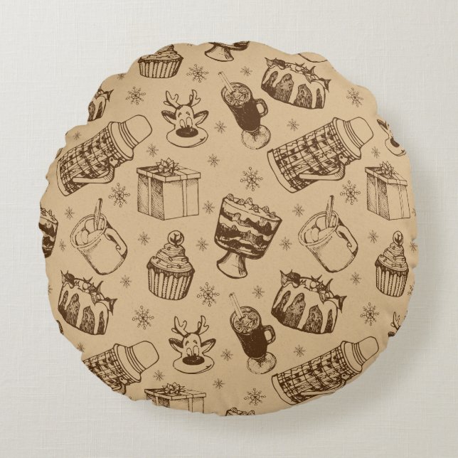 vintage christmas pattern hand drawn round cushion (Front)