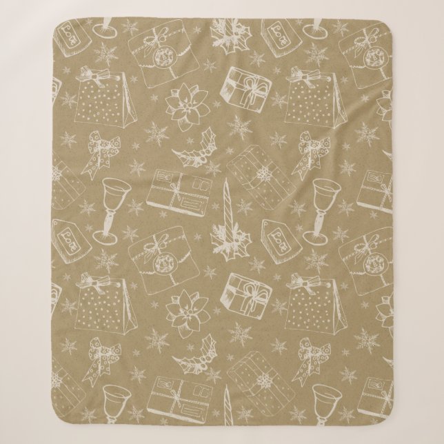 vintage christmas pattern hand drawn sherpa blanket (Front)