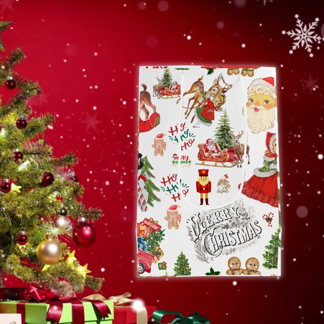 Vintage Christmas Pattern on White | Medium Gift Bag (Creator Uploaded)