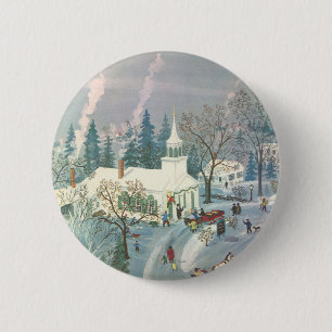 Vintage Christmas, People Going to Church in Snow 6 Cm Round Badge