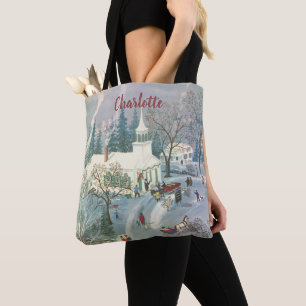 Vintage Christmas, People Going to Church in Snow Tote Bag