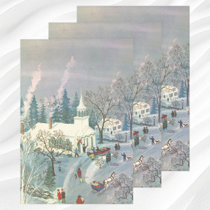 Vintage Christmas, People Going to Church in Snow Wrapping Paper Sheet
