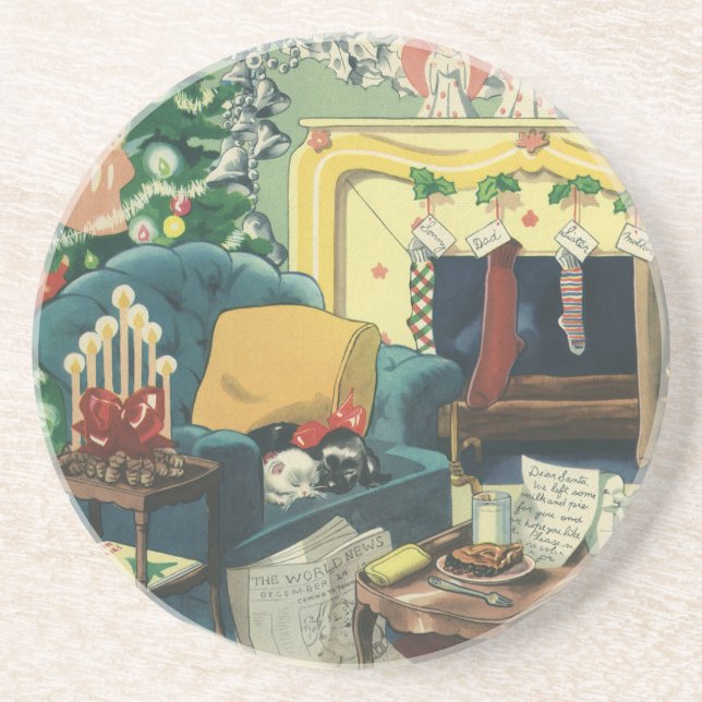 Vintage Christmas Pets in the Living Room Coaster (Front)
