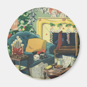 Vintage Christmas Pets in the Living Room Magnet