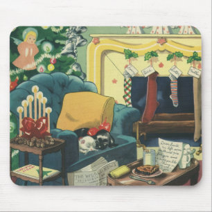 Vintage Christmas Pets in the Living Room Mouse Pad