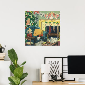 Vintage Christmas Pets in the Living Room Poster