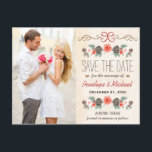 Vintage Christmas Pine Cone Save the Date Announcement Postcard<br><div class="desc">Add your favourite engagement photo and picture to these elegant and beautiful Christmas pine cone wedding winter themed save the date postcards with a formal and vintage retro and antique appeal. Frosted pinecones, watercolor and painted look pink, red and white Christmas roses and flowers, snowy acorn and holly berries make...</div>