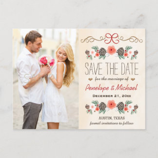 Vintage Christmas Pine Cone Save the Date Announcement Postcard