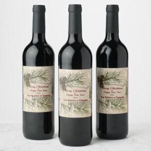 Vintage Christmas Pine Cones and Snowflakes Rustic Wine Label