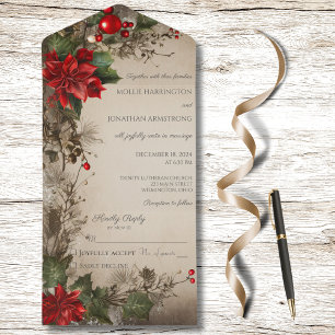 Vintage Christmas Pine & Poinsettia  All In One Invitation