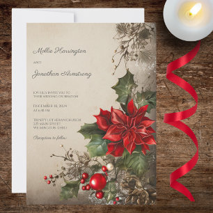Vintage Christmas Pine & Poinsettias Wedding  Invitation