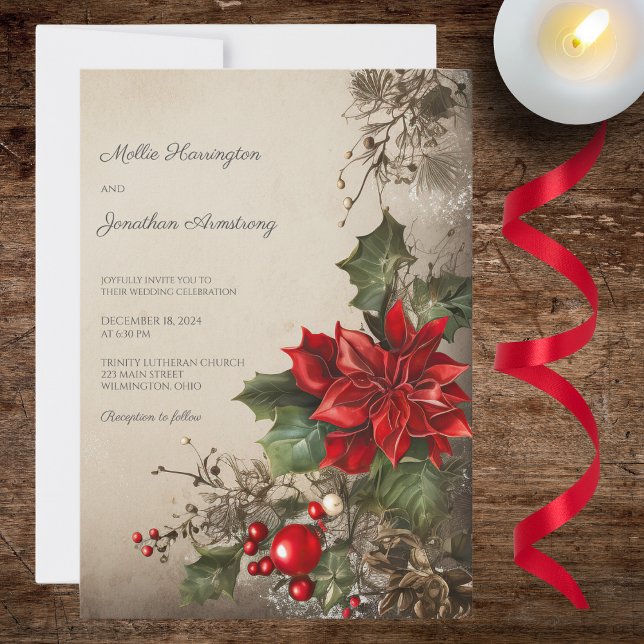 Vintage Christmas Pine & Poinsettias Wedding  Invitation (Creator Uploaded)