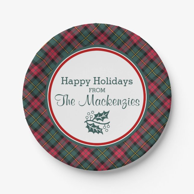 Vintage Christmas Plaid Pattern Personalised Paper Plate (Front)