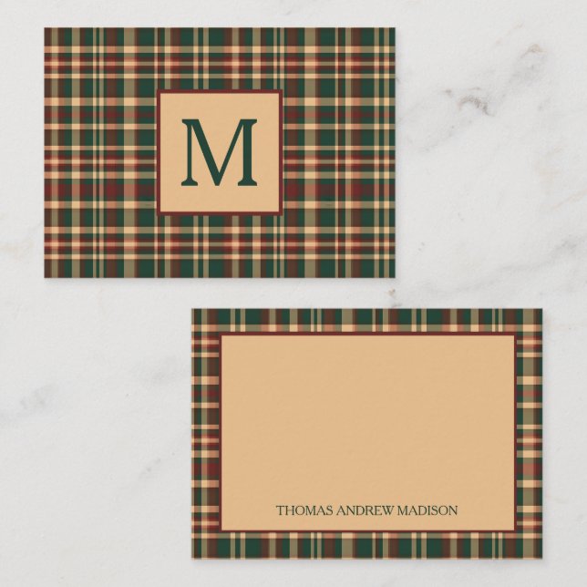 Vintage Christmas Plaid Red and Green Monogram Card (Front/Back)