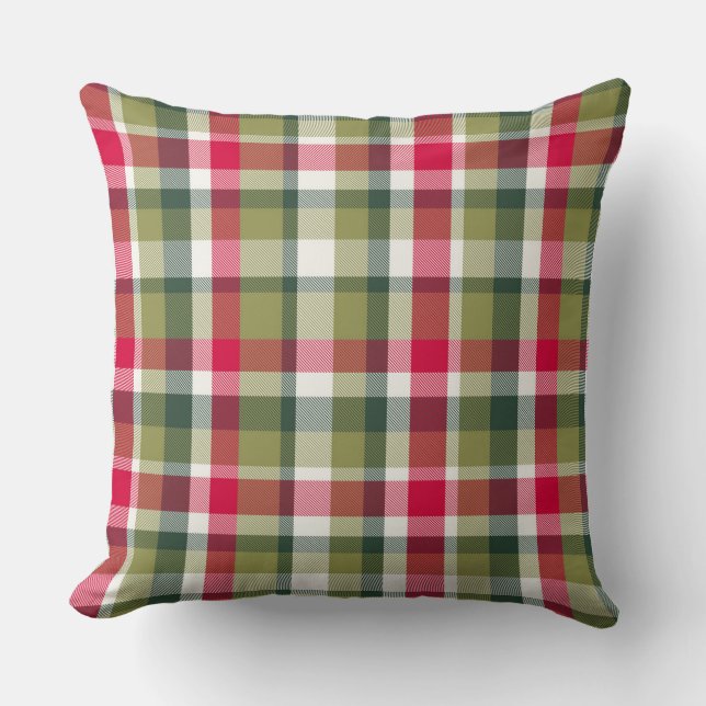 Vintage Christmas Plaid Red and Olive Green Cushion (Front)