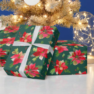 Vintage Christmas Poinsettia Flowers Pattern Xmas Wrapping Paper