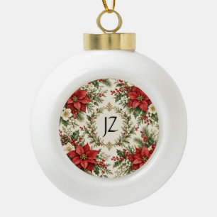 Vintage Christmas Poinsettia & Holly Ceramic Ball Christmas Ornament
