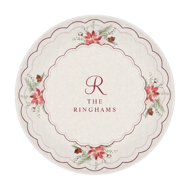 Vintage Christmas Poinsettia Monogram Cutting Board (Front)