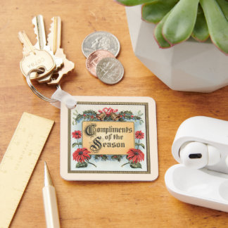 Vintage Christmas Poinsettias in an Ornate Frame Key Ring