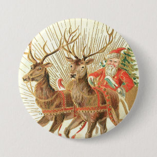 VIntage Christmas Postcard, Santa with Reindeer 7.5 Cm Round Badge
