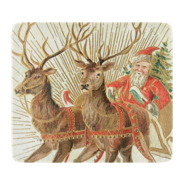 VIntage Christmas Postcard, Santa with Reindeer Cutting Board (Front)