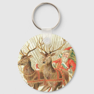 VIntage Christmas Postcard, Santa with Reindeer Key Ring