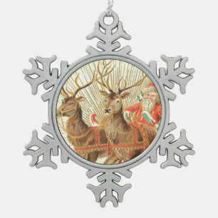 VIntage Christmas Postcard, Santa with Reindeer Snowflake Pewter Christmas Ornament
