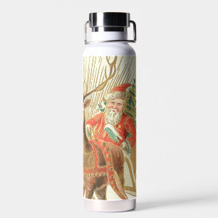 VIntage Christmas Postcard, Santa with Reindeer Water Bottle