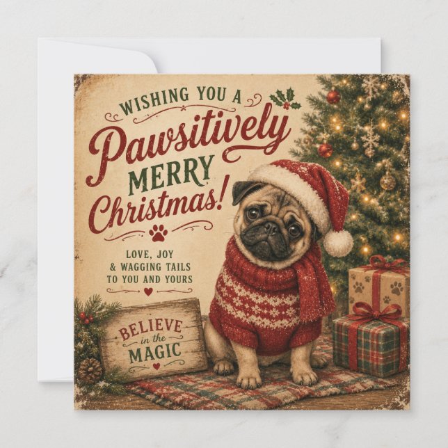 vintage christmas pug flat card (Front)