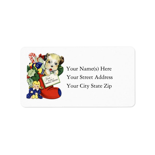 Vintage Christmas Puppy in Stocking Address Label (Front)