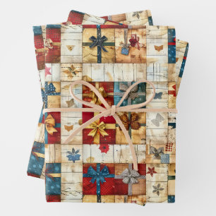 Vintage Christmas Quilt Wrapping Paper Sheet
