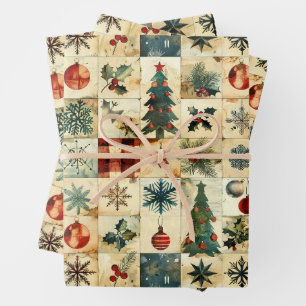 Vintage Christmas Quilt Wrapping Paper Sheet