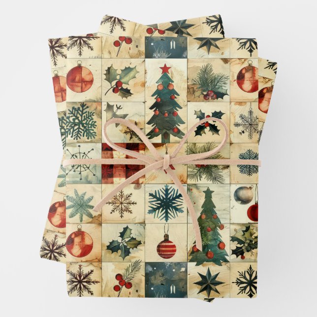 Vintage Christmas Quilt Wrapping Paper Sheet (In situ)