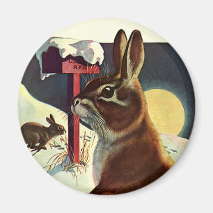 Vintage Christmas, Rabbits in a Winter Snow Meadow Magnet