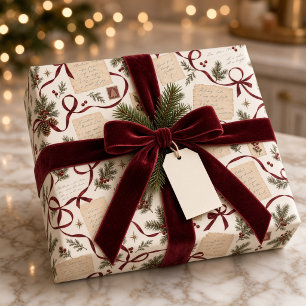 Vintage Christmas Recipe Burgundy Ribbon Botanical Wrapping Paper