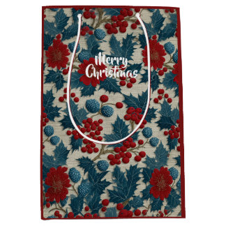 Vintage Christmas Red Berry Botanical Linen Medium Gift Bag