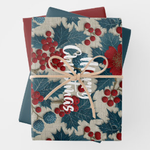 Vintage Christmas Red Berry Botanical Linen Wrapping Paper Sheet