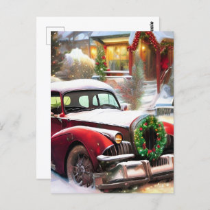 Vintage Christmas Red Car in Snow  Postcard