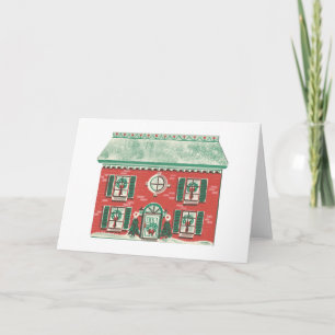 Vintage Christmas Red House Holiday Card