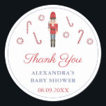 Vintage Christmas Red Nutcracker Candy Canes Favou Classic Round Sticker<br><div class="desc">Thank you stickers for any event (shown here for a Baby Shower but all of the text fields are customisable). The design features my red Nutcracker ballet wooden soldier and candy canes illustrations,  originally painted in watercolor,  before being scanned into digital form..</div>