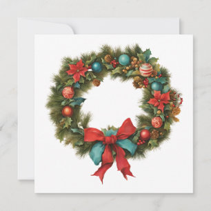 Vintage Christmas Red Poinsettia, Ornaments Wreath Holiday Card